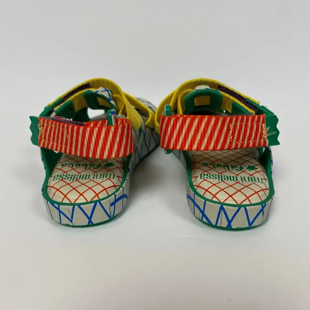 Mini Melissa White Blue Grid Sandals with Yellow, Green & Red Accents